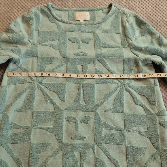 Lucy Folk Sol Belted Cotton Terry Mini Dress Size Large Blue Shapes Faces Pocket - Picture 7 of 9